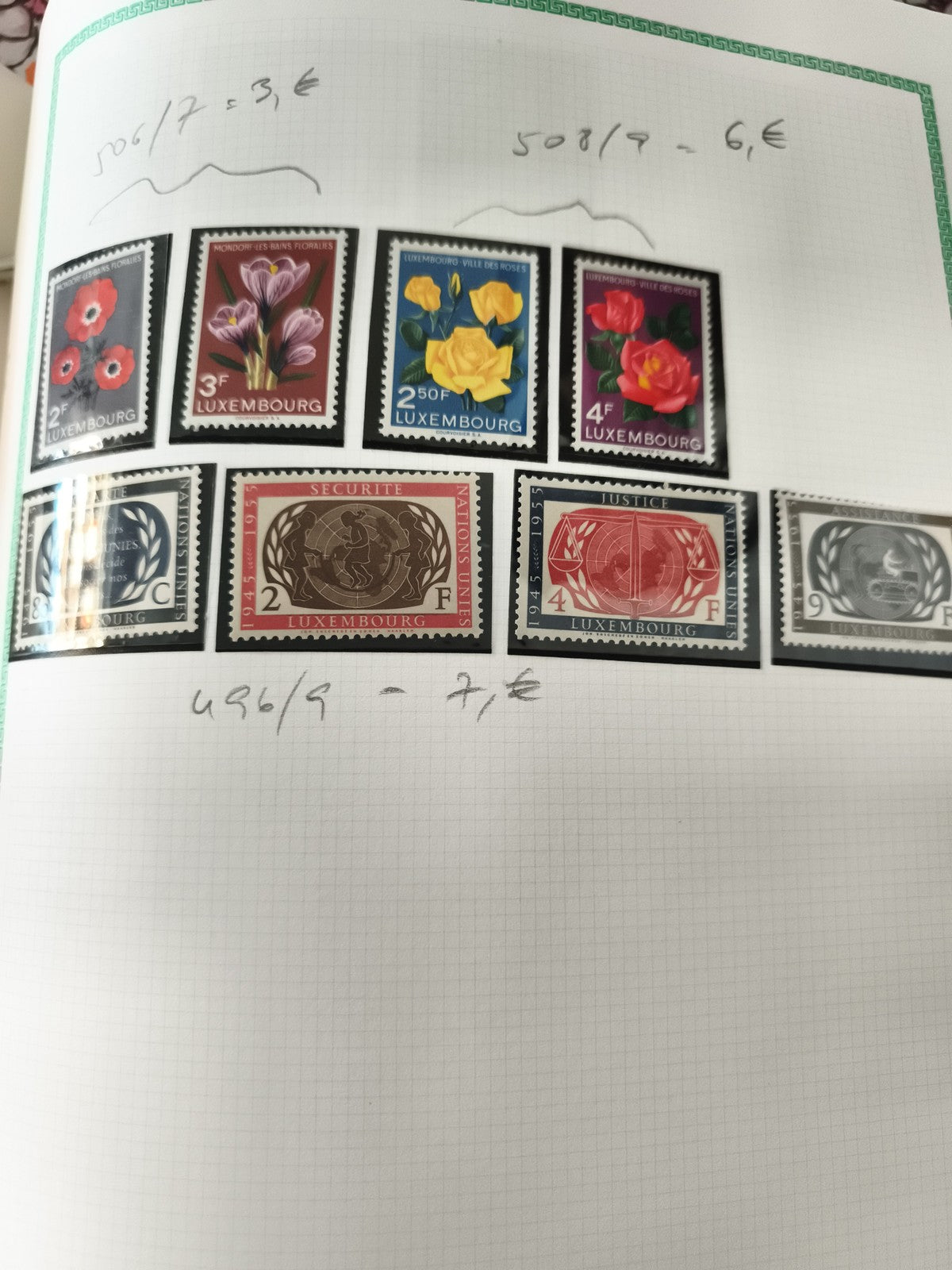 Timbres Luxembourg fleurs Nations Unies sécurité justice 8 neufs philatélie