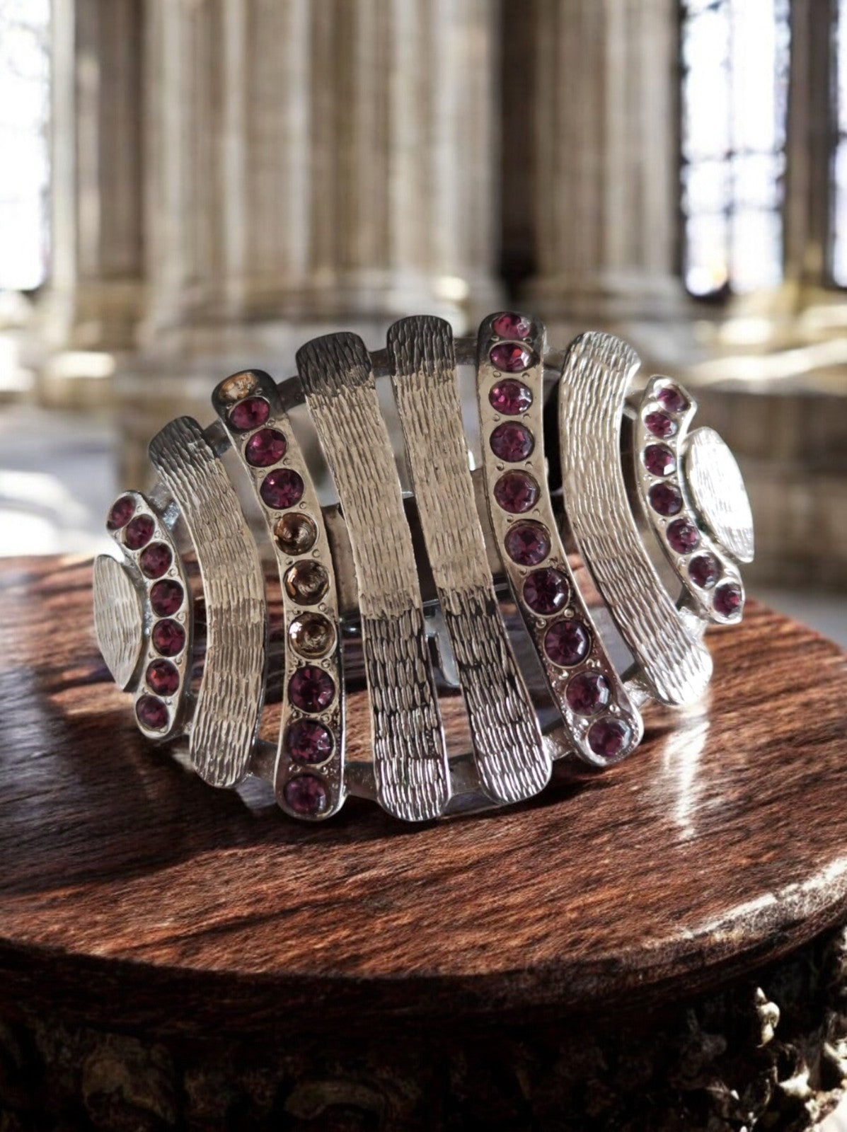 Boucle de ceinture vintage métal argenté strié pierres violettes rétro