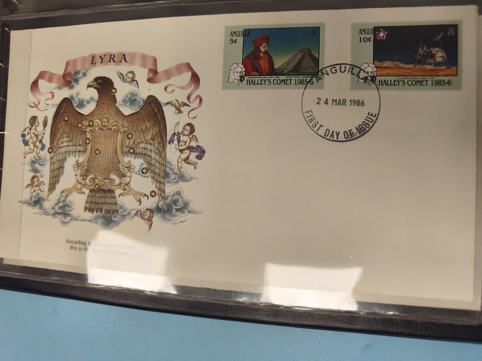 Enveloppe premier jour FDC Anguilla 1986 Halley's Comet illustration Lyra