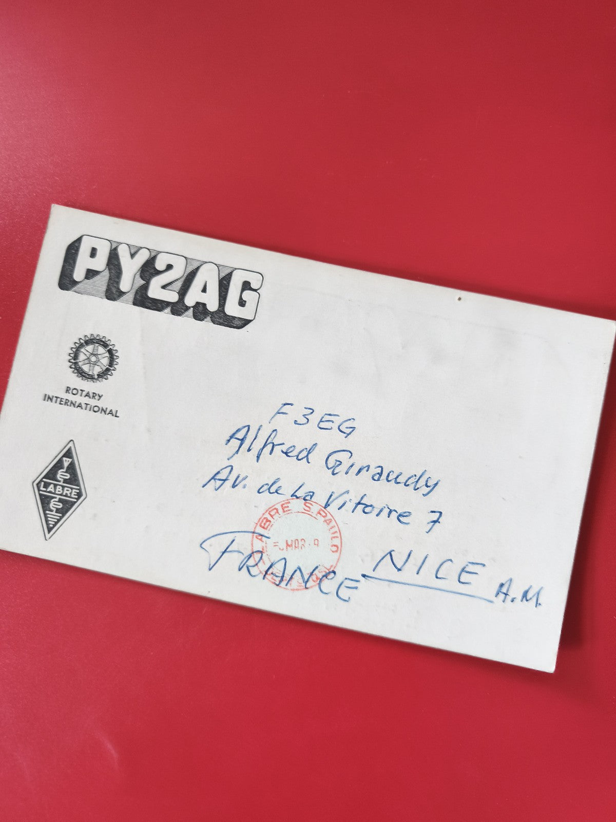 Carte radio PY2AG QSL radioamateur, enveloppe écrite à la main, LABRE