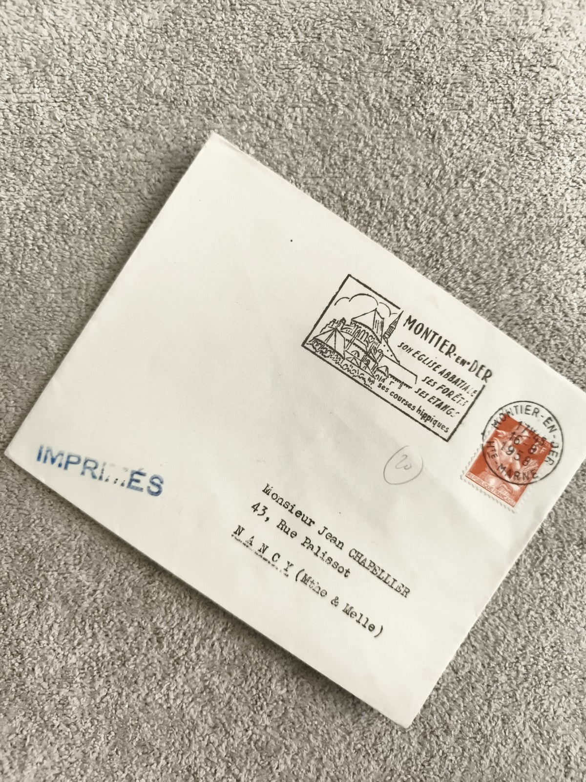 Lettre oblitérée Montier-en-Der 1956 timbre Semeuse philatélie imprimés