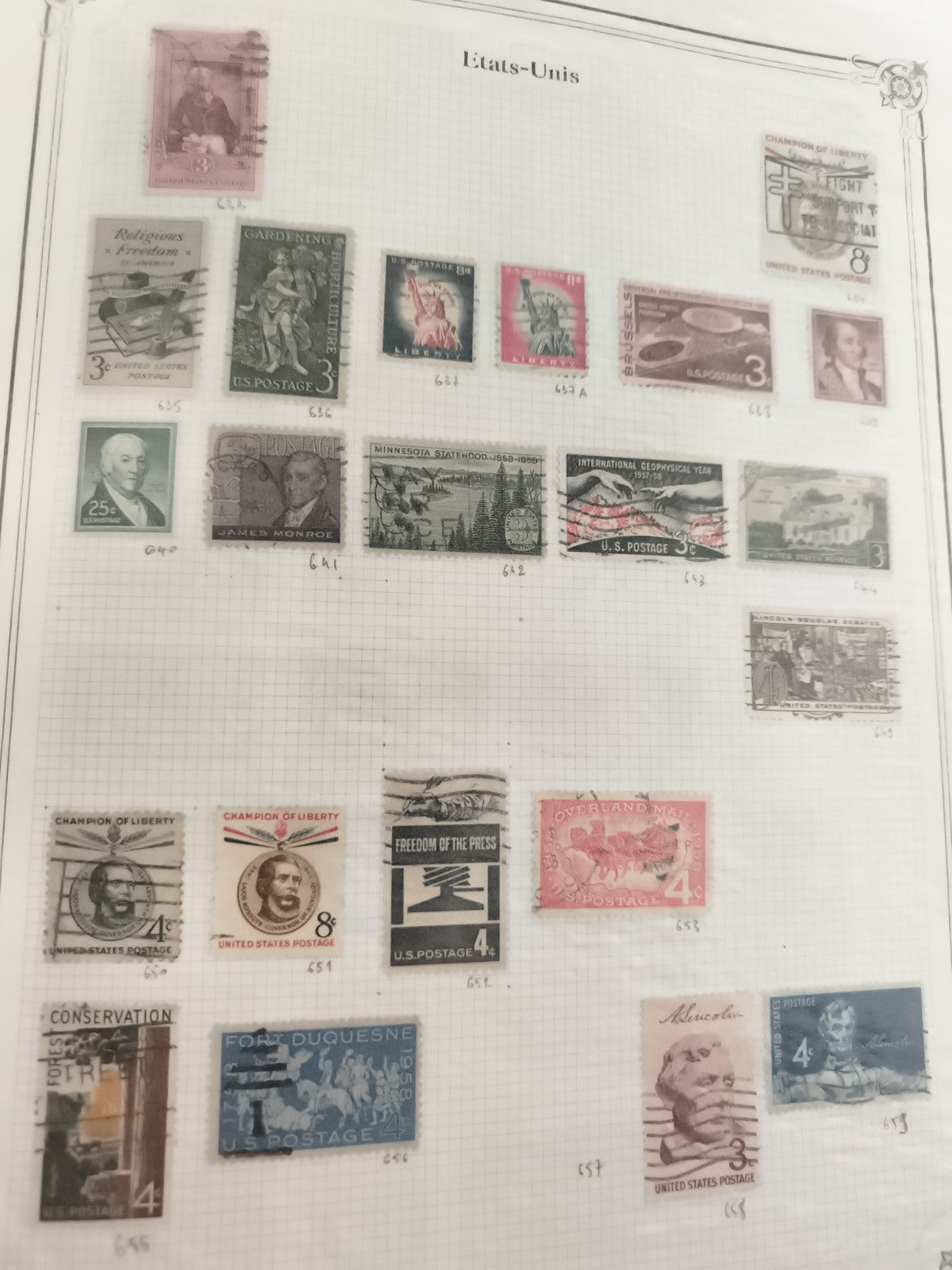 Timbres anciens USA oblitérés x20 – États-Unis, Liberty, Abraham Lincoln, 1950s