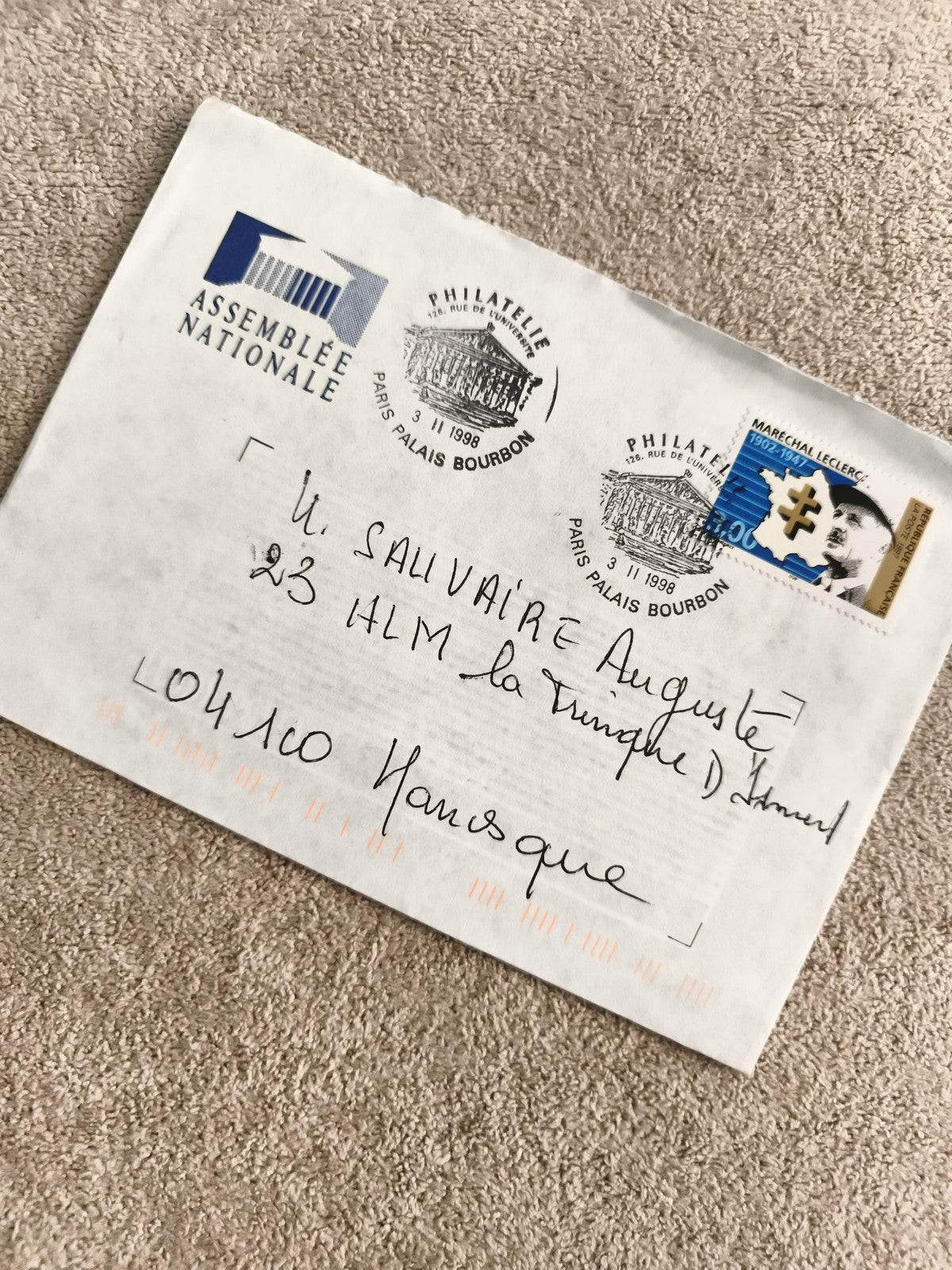 Lettre Assemblée Nationale 1989, cachet Philatélie Palais Bourbon, timbre Lecler