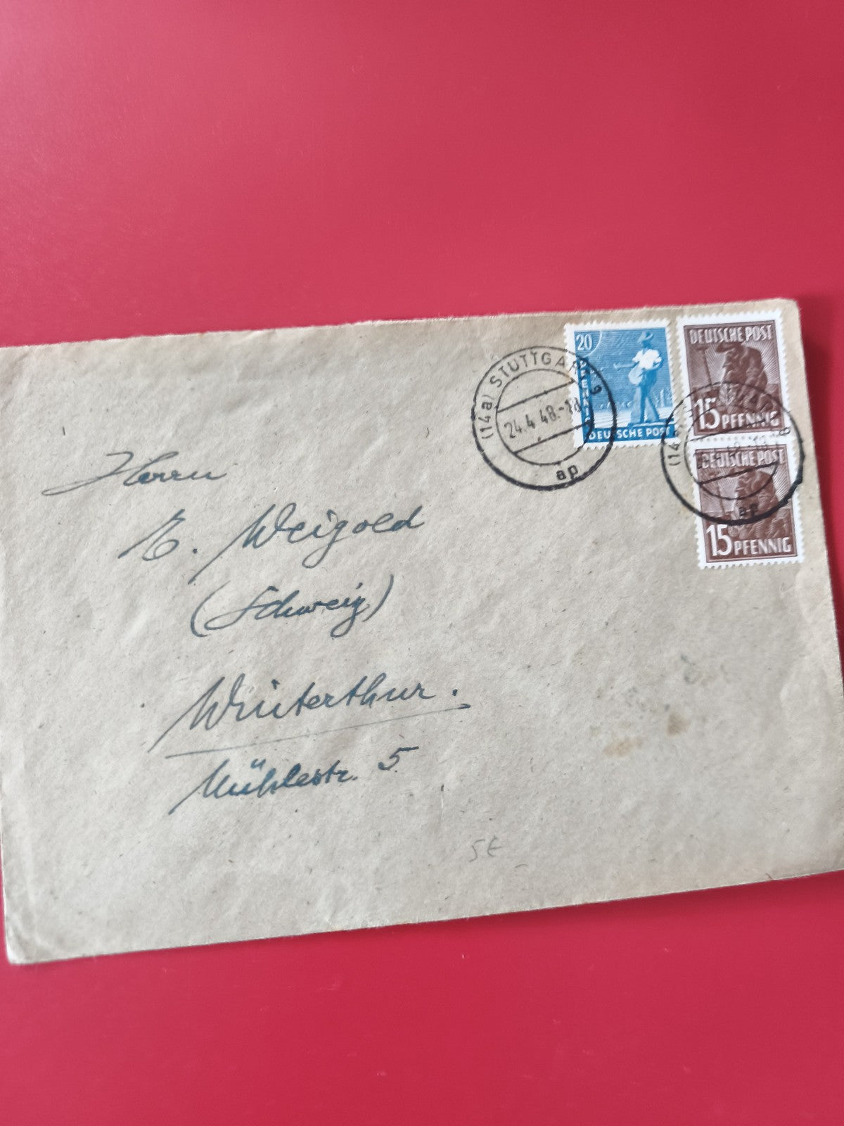 Enveloppe philatélie affranchie timbres Deutsche Post 1948 avec cachet Stuttgart