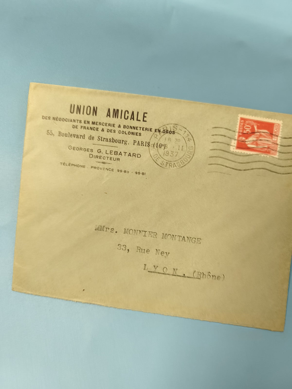 Ancienne enveloppe oblitérée 1937 Union Amicale Paris philatélie vintage