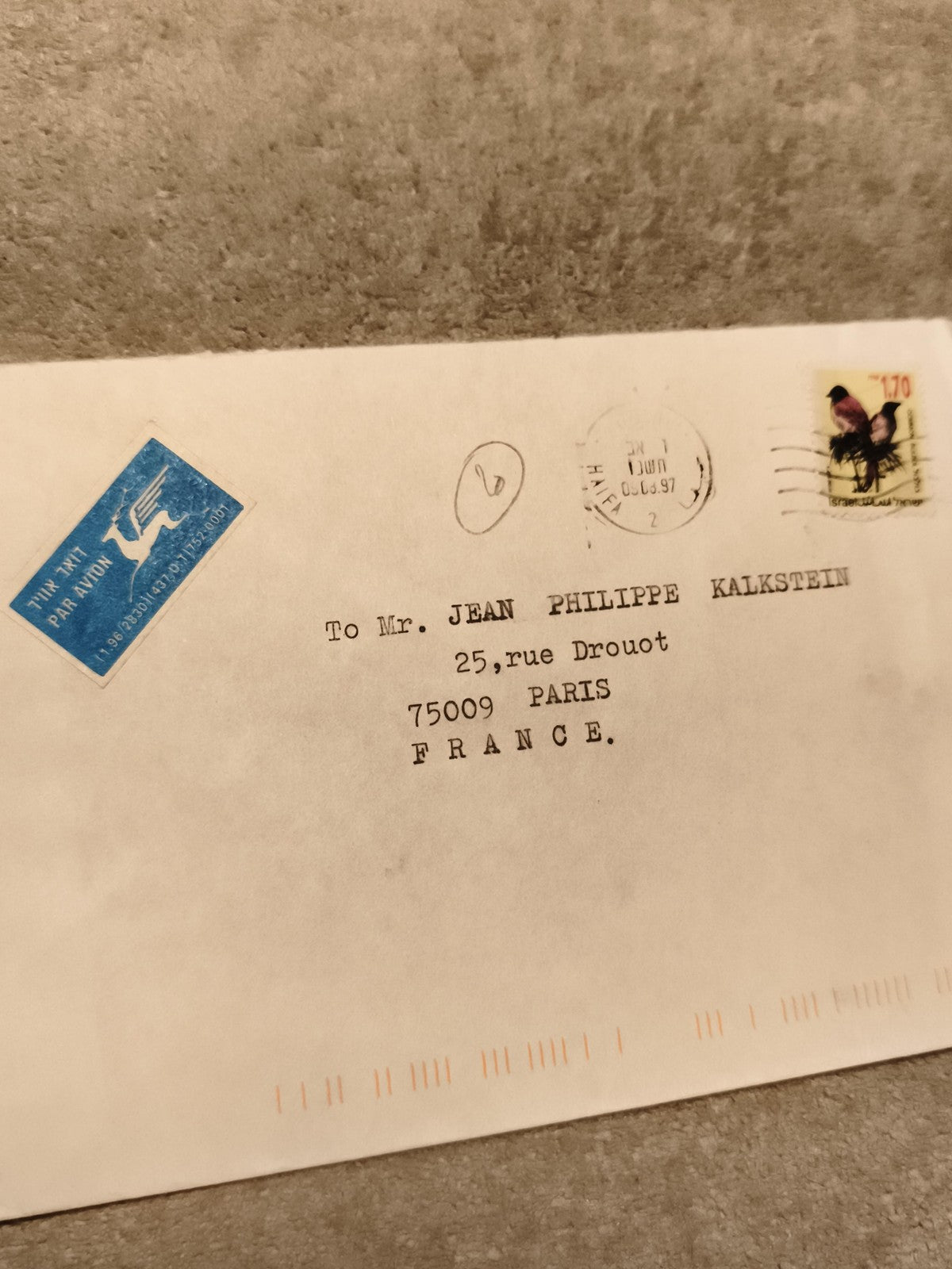 Lettre affranchie timbre oiseau 1,70F, oblitération 1997, Par Avion, philatélie