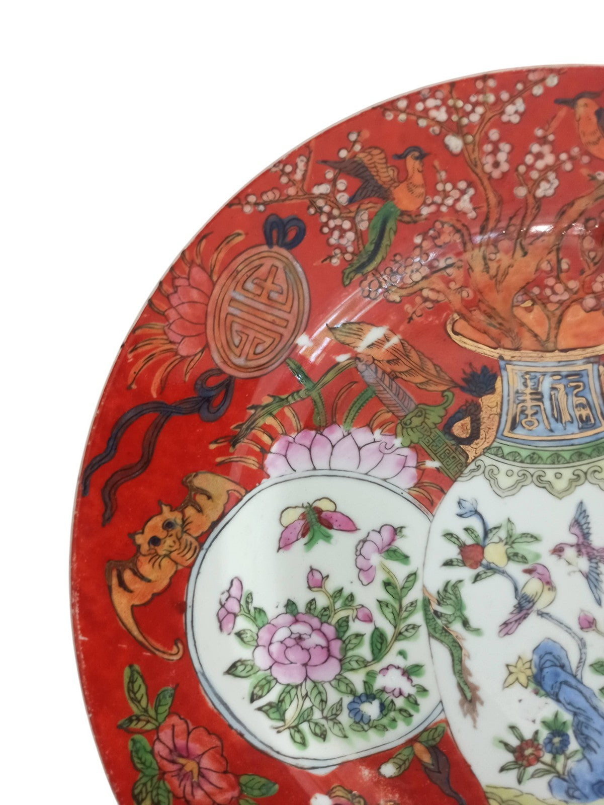Assiette ancienne chinoise Da Qing Guangxu Nian Zhi décor rouge fleurs oiseaux v