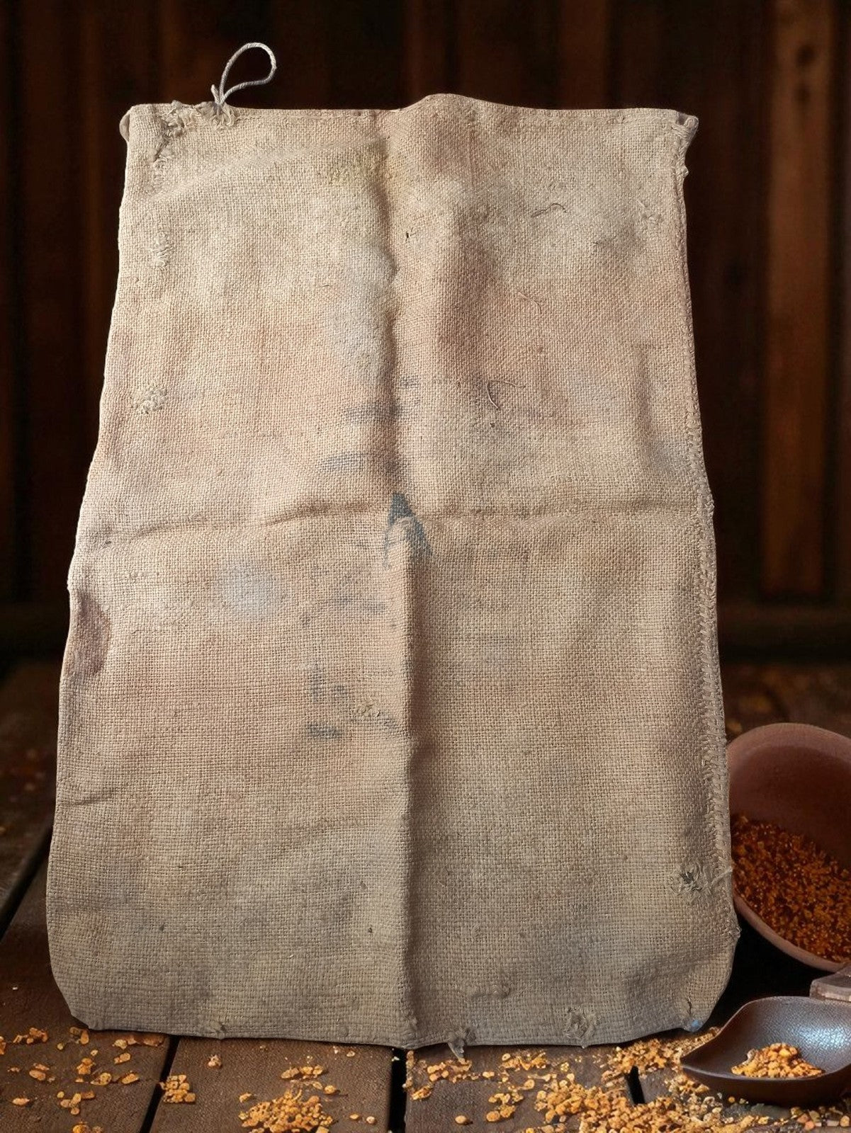 Sac en toile de jute ancien vintage, patine d'époque, déco rustique agricole