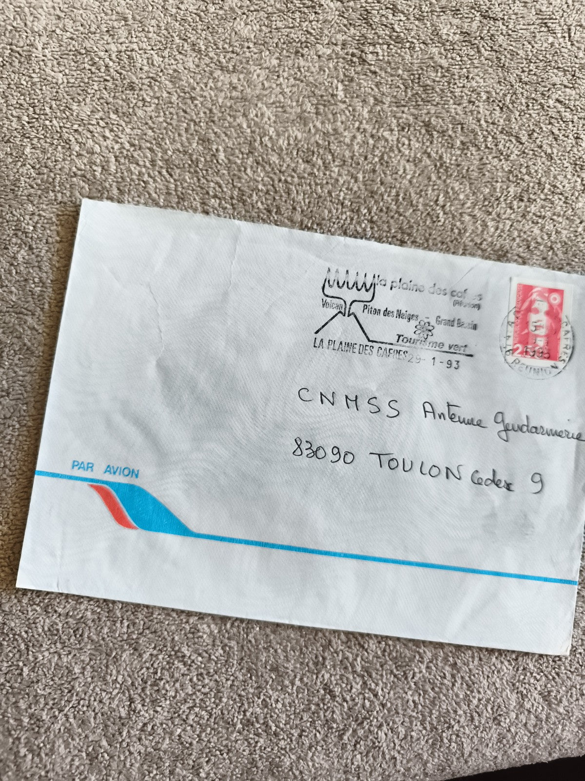 Lettre affranchie France La Réunion 1993 par avion, timbre Marianne, cachet CNMS