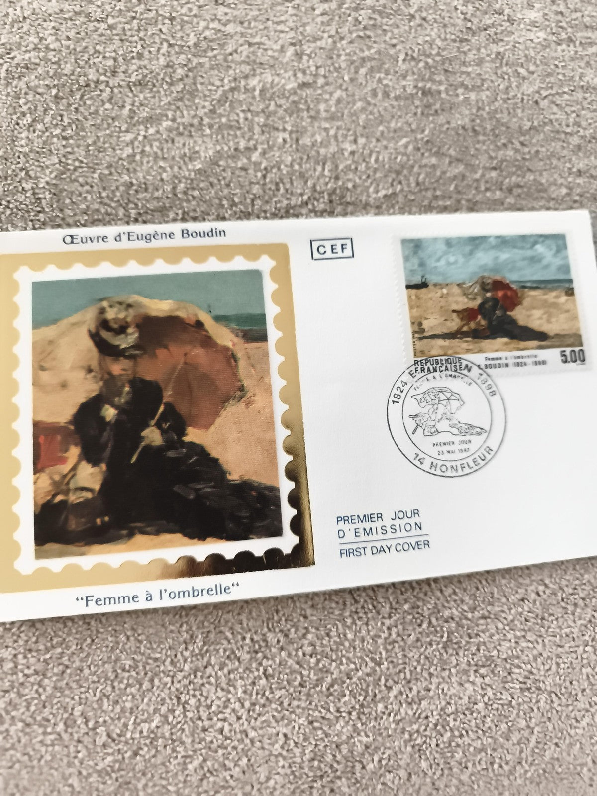 Lettre premier jour Eugène Boudin Femme à l’ombrelle CEF timbre ancien FDC