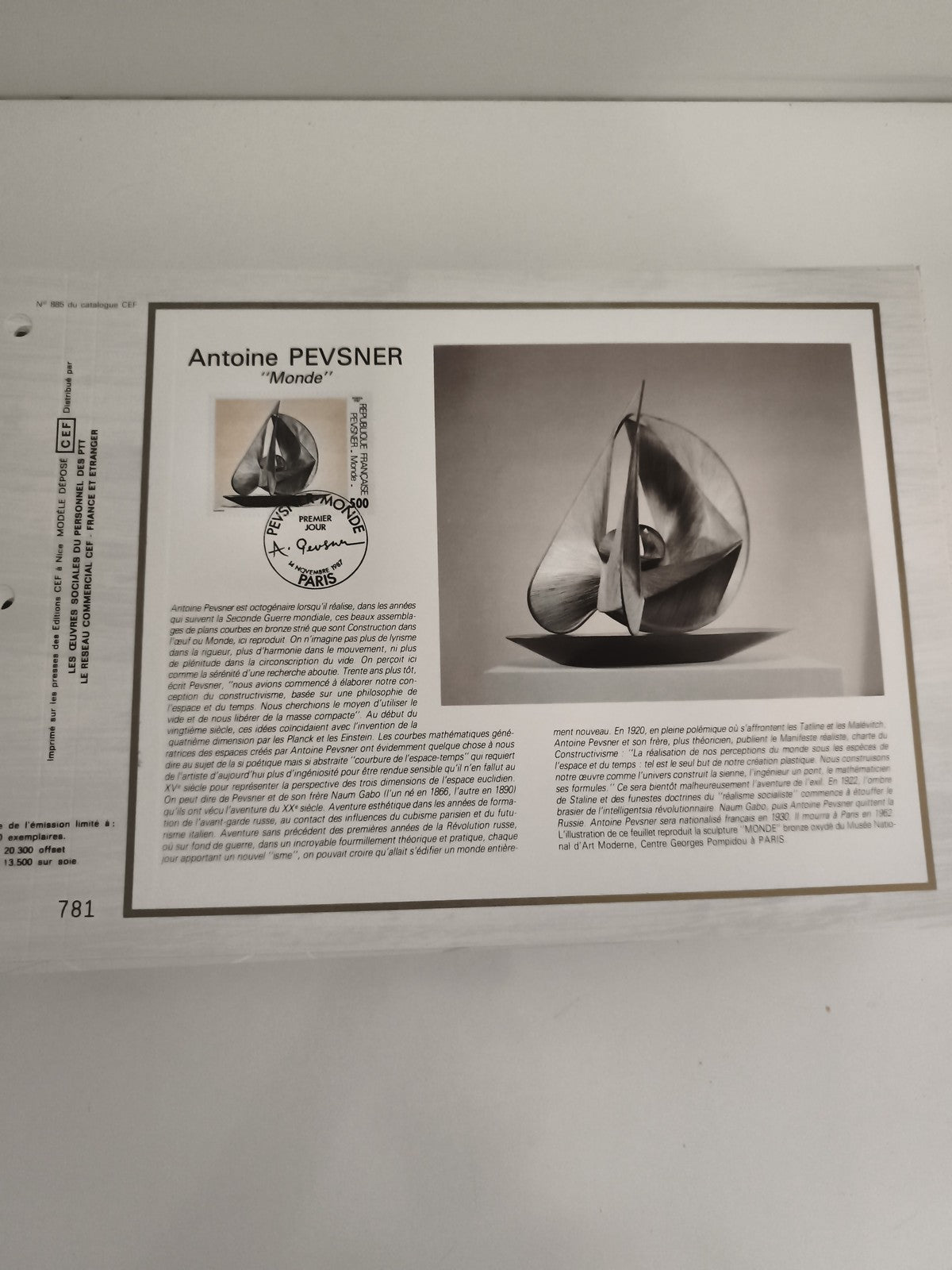 Feuillet CEF Antoine Pevsner Monde 1er jour Paris philatélie timbre art