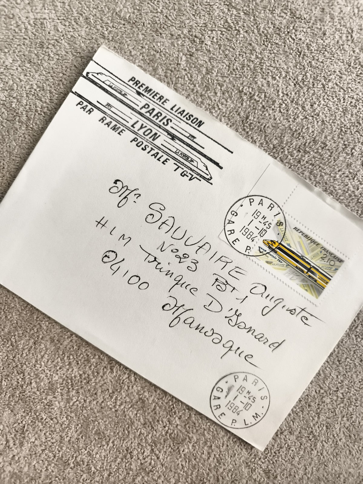 Lettre 1er jour TGV Paris Lyon 1984 oblitérée cachet philatélie ferroviaire