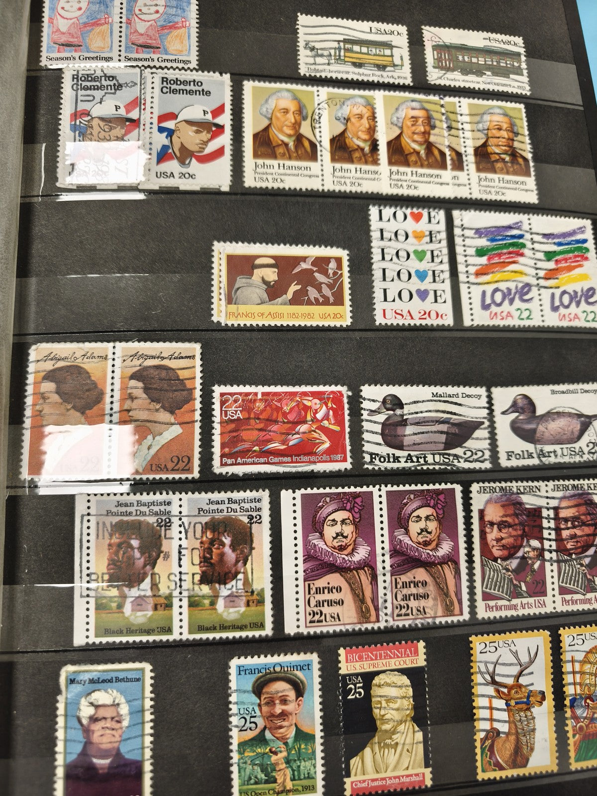Lot anciens timbres oblitérés USA vintage ? personnages, art, sport, années 80