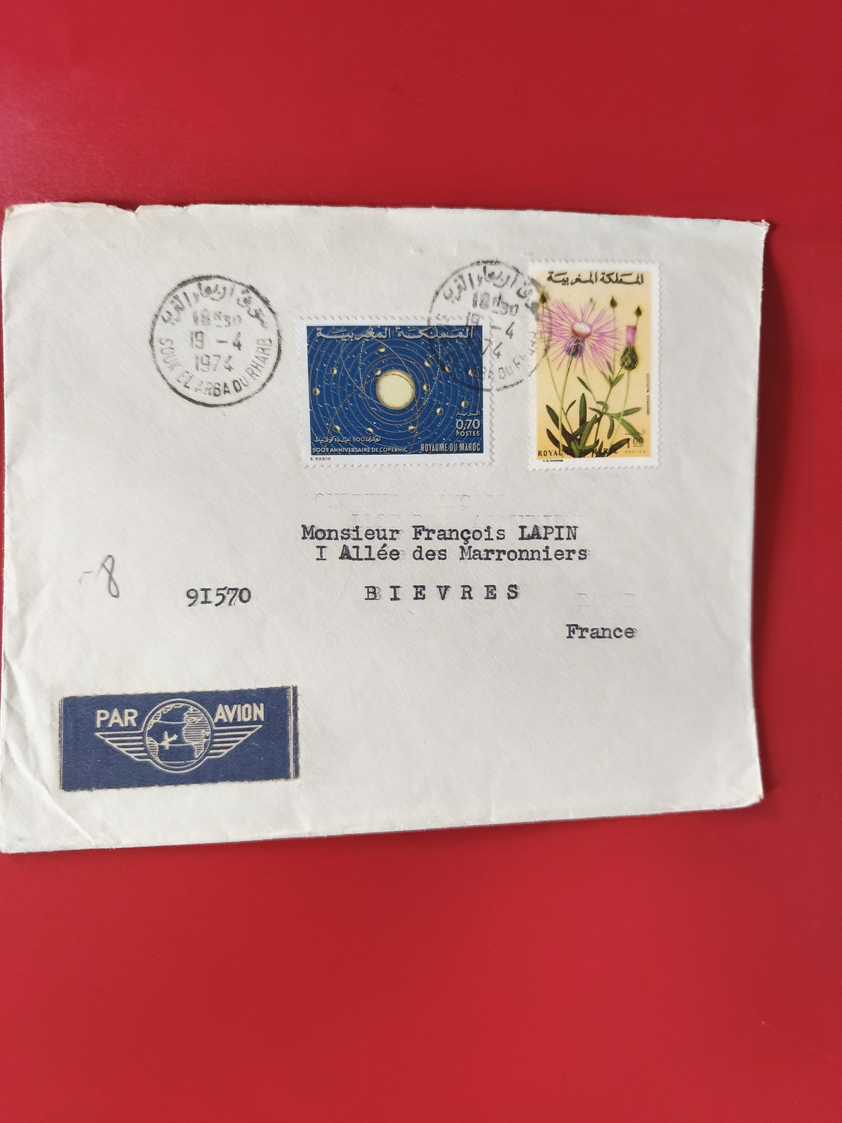 Enveloppe affranchie timbres Maroc, motif floral et astronomie, Par Avion
