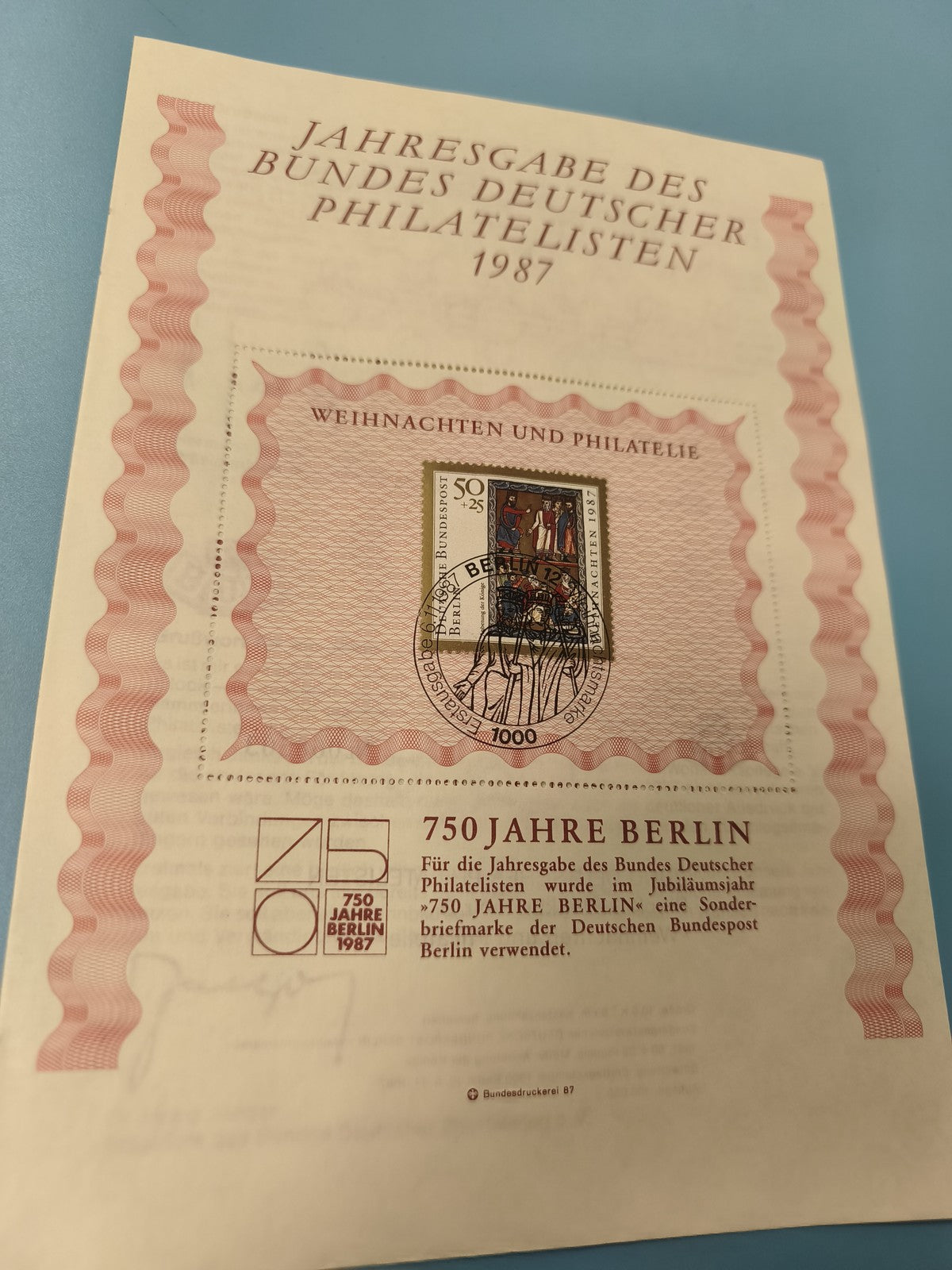 Annual Edition Federation of German Philatelists 1987 Berlin Stamp Sheet