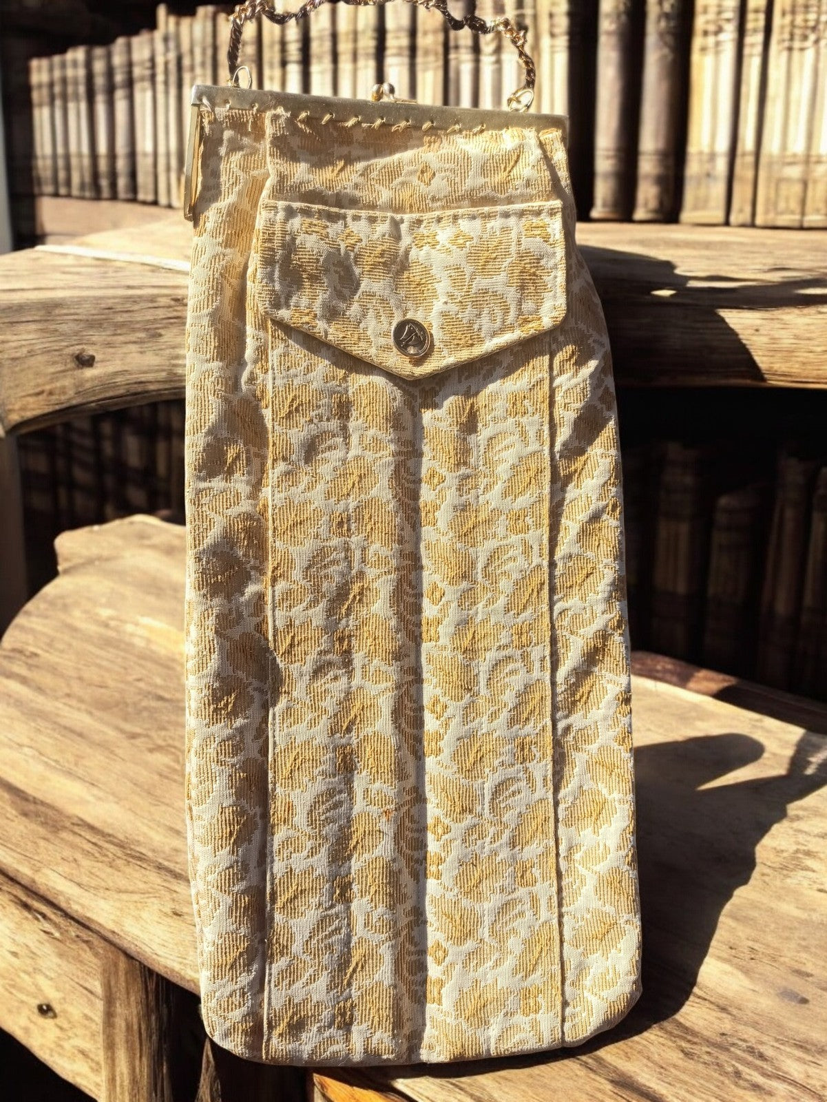 Sac de couture ancien vintage à motif jacquard beige doré rétro rangement