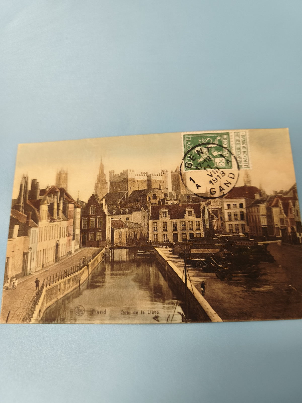 Carte postale ancienne Gand Quai de la Lève 1913 CPA vue canal timbre