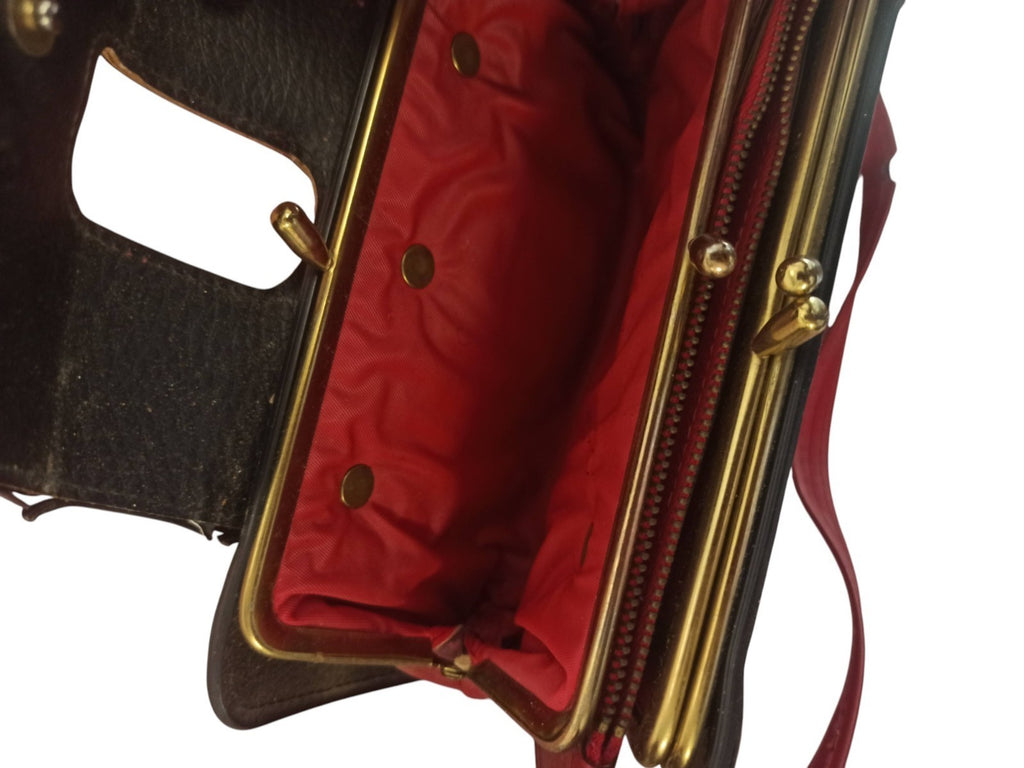 Sac à main vintage rouge femme ancien cuir, sac bandoulière rétro