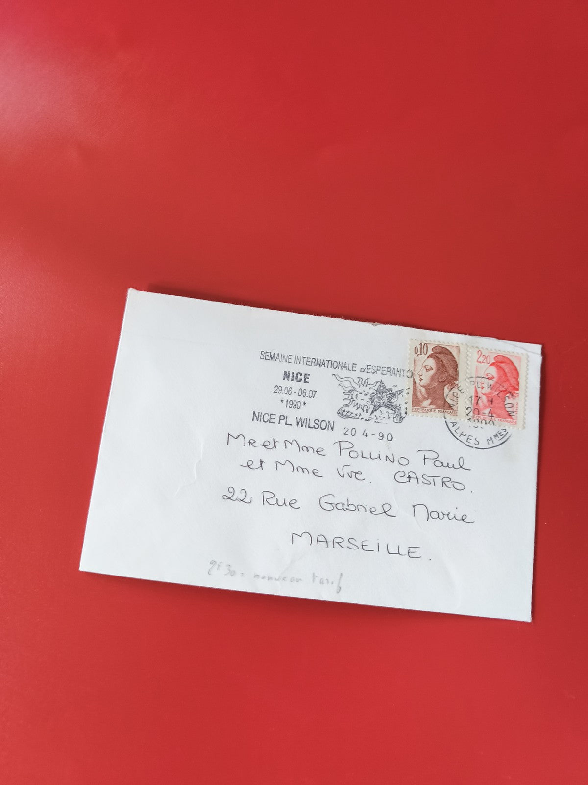 Enveloppe philatélie oblitérée Nice 1990 avec timbres Marianne rouge et brun