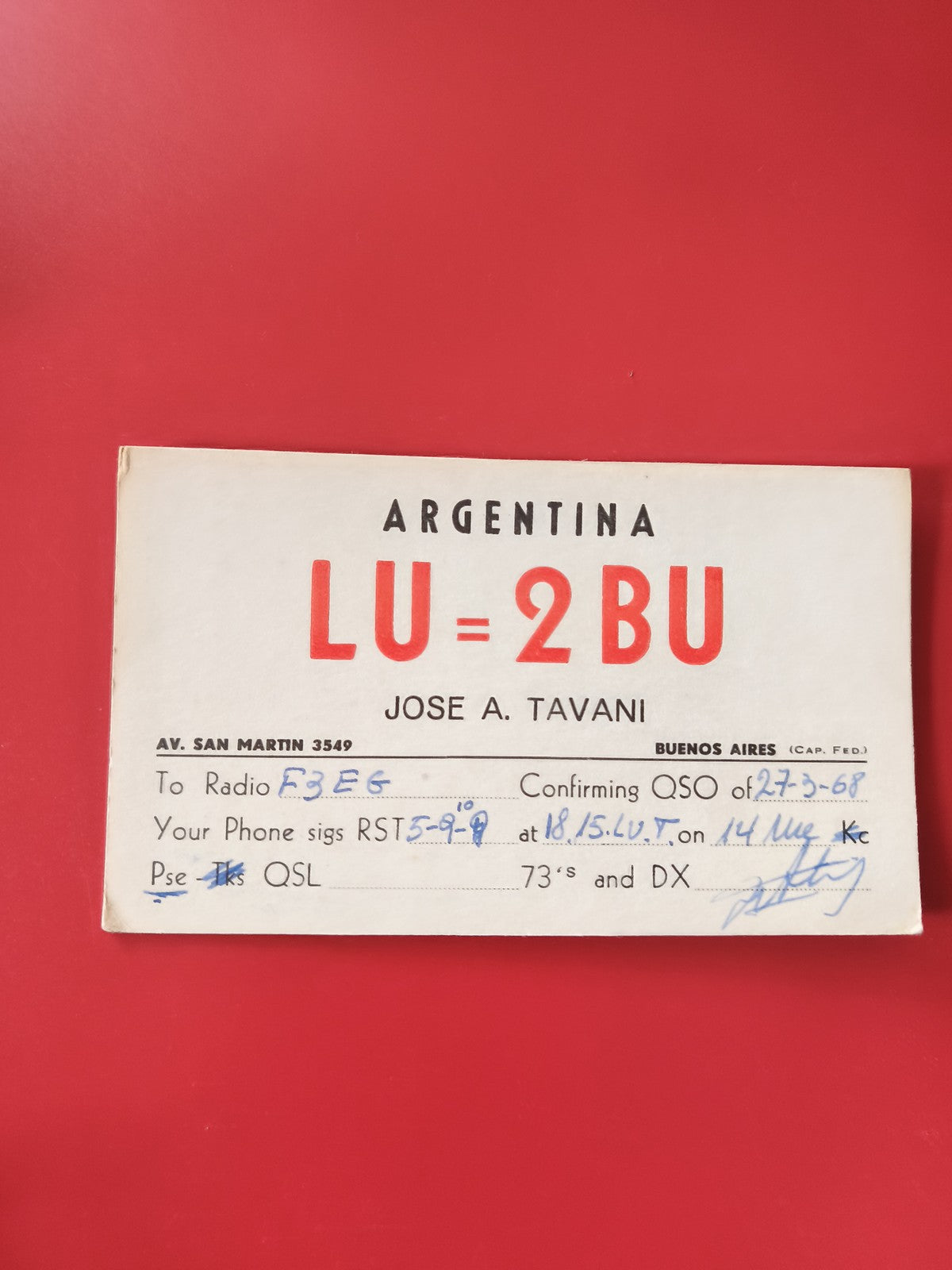 Carte radio QSL LU-2BU Argentine, communication radioamateur, blanc/rouge