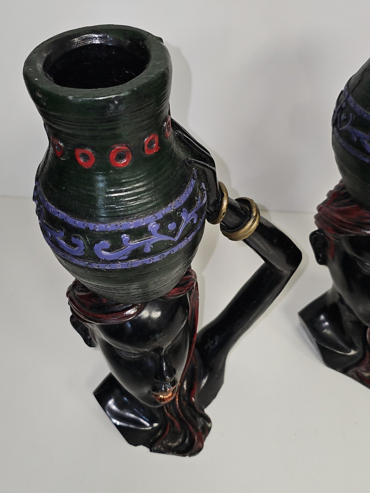 Paire de bougeoirs anciens bois sculpté têtes africaines vintage déco ethnique