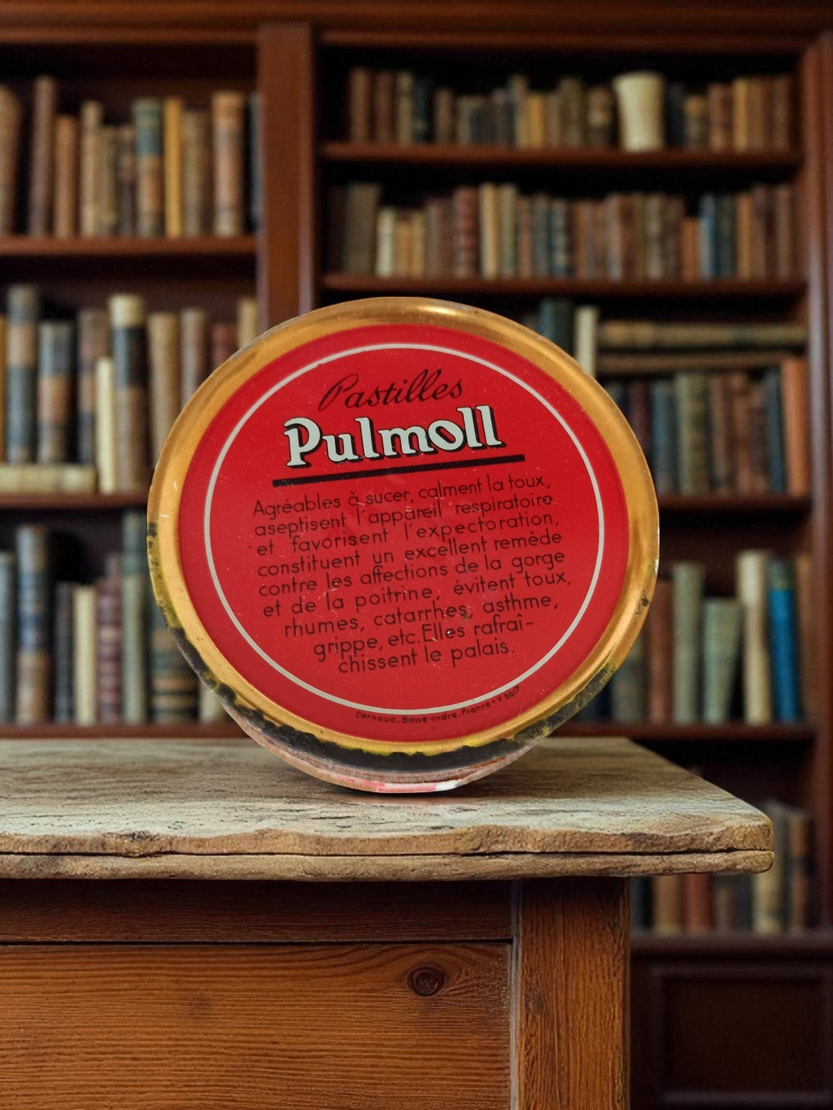 Boîte publicitaire vintage Pulmoll rouge – Ancienne boîte à pastilles rétro