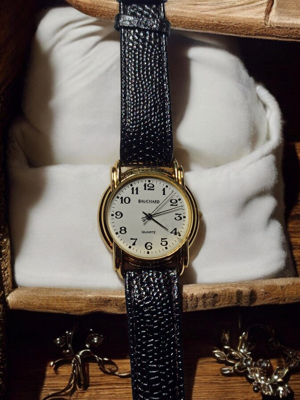 Montre homme Bauchard quartz, cadran blanc doré, bracelet noir, pile à changer