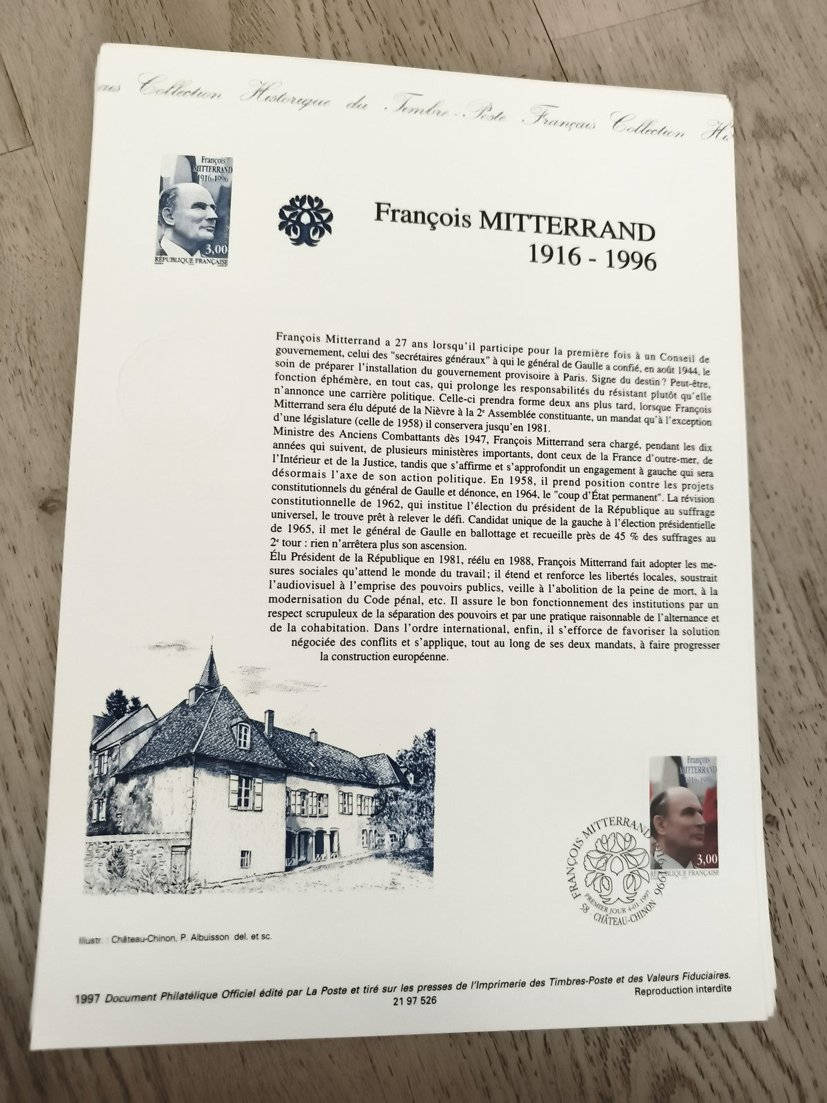 Document philatélique François Mitterrand 1916-1996 La Poste 1997 timbre 3,00