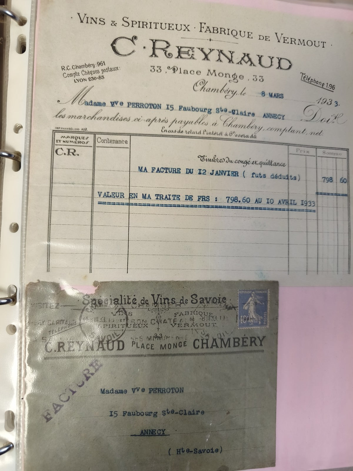 Ancienne enveloppe philatélie C. Reynaud Chambéry 1933, timbre Semeuse bleu