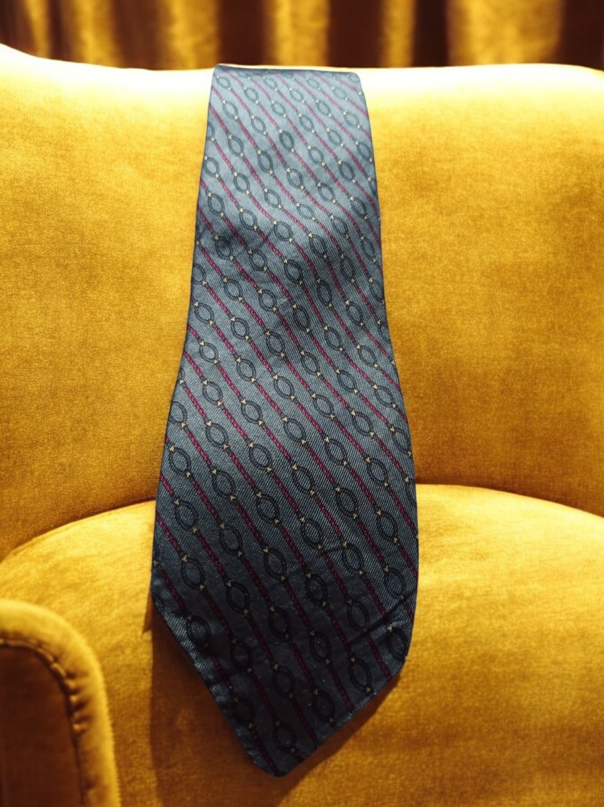 Cravate vintage Roma Italia motif géométrique bleu bordeaux homme rétro
