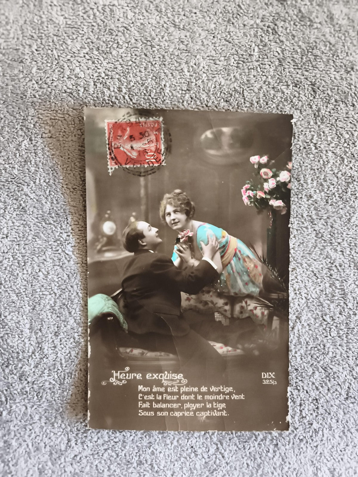 CPA photo romantique colorisée Heure Exquise timbre rouge France années 1910