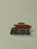 Vintage pin's IGOL logo flèche rouge bleu ancien collection automobilia