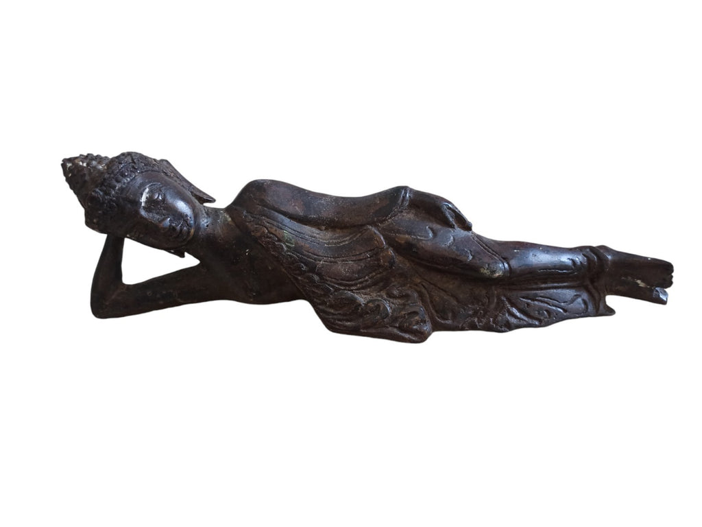Statue Bouddha couché bronze foncé sculpture orientale décorative