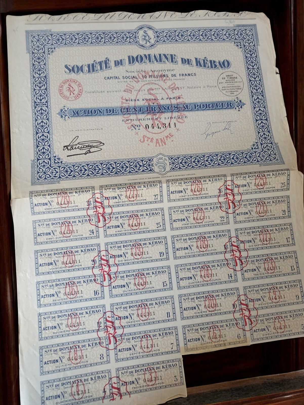 Action porteur Société Domaine de Kébao années 1920 authentique vintage