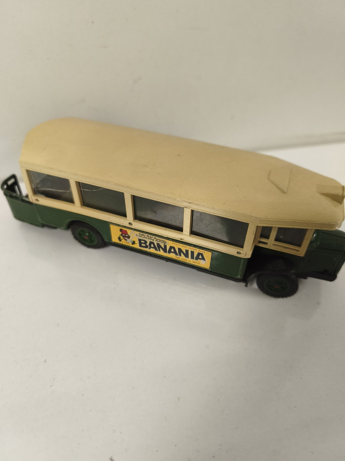 Miniature bus Renault Banania jaune et vert, publicité, modèle réduit décoratif