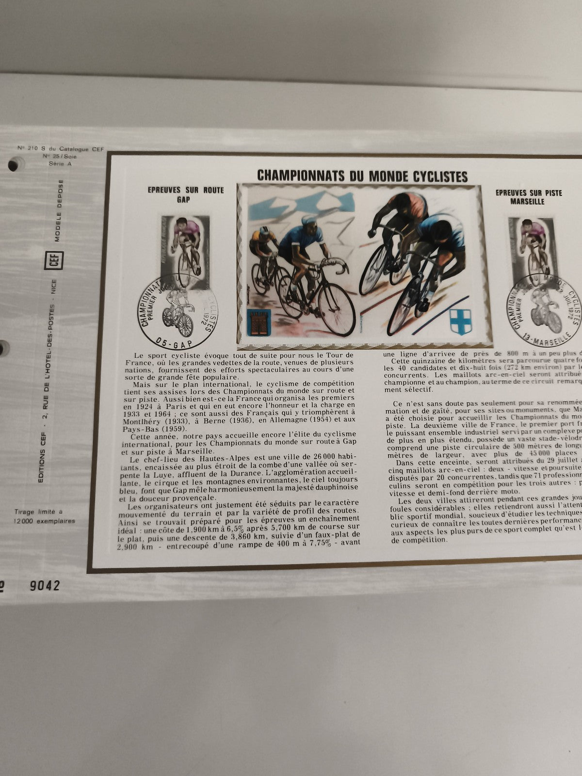 Feuillet CEF Championnats du Monde Cyclistes Gap Marseille philatélie timbres
