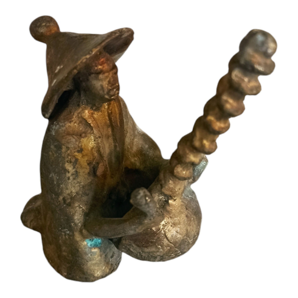 Statuette bronze musicien africain XXe, sculpture artisanale, chapeau conique