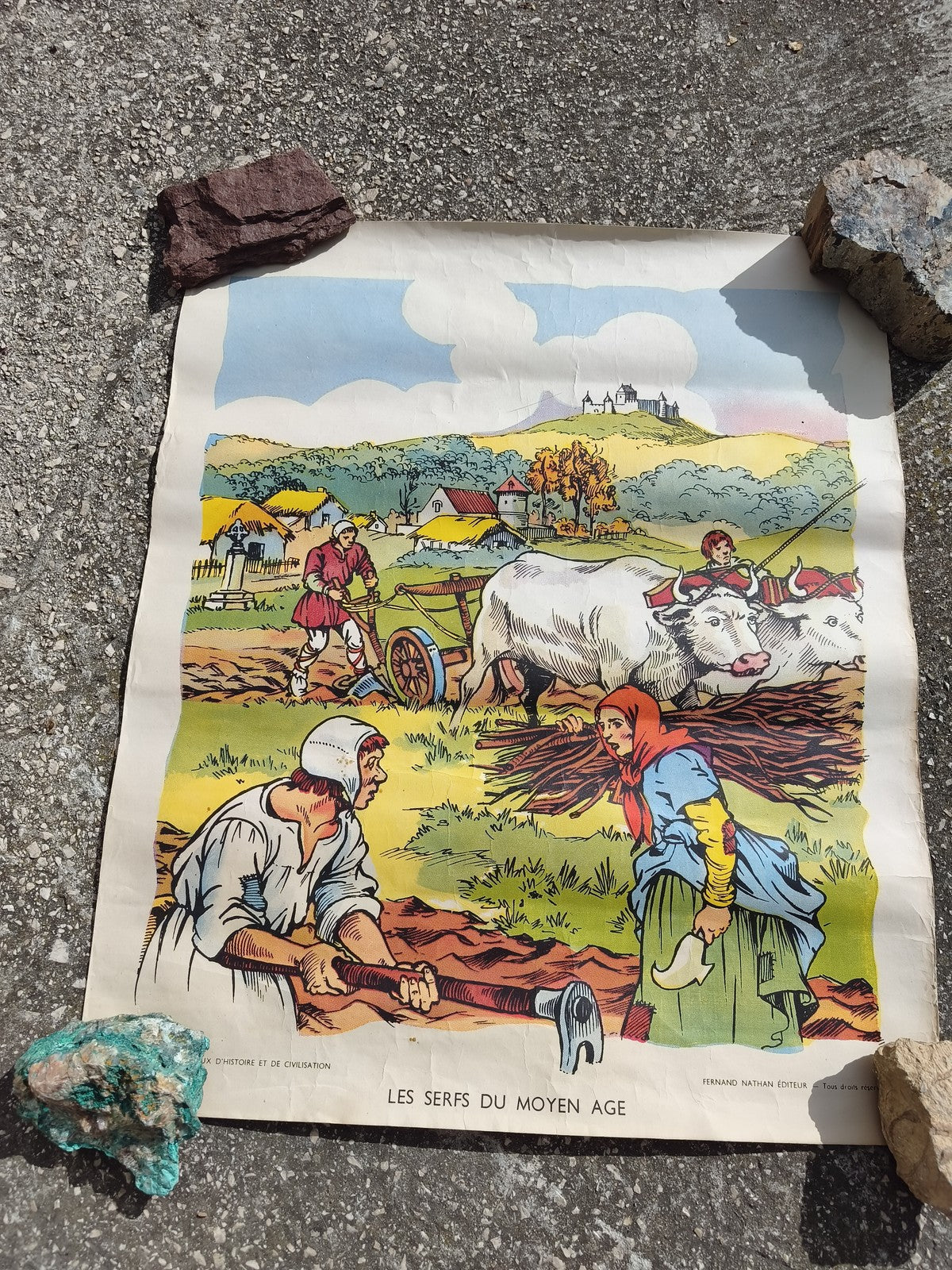 Ancienne affiche école Fernand Nathan Les Serfs du Moyen Âge illustration vintag