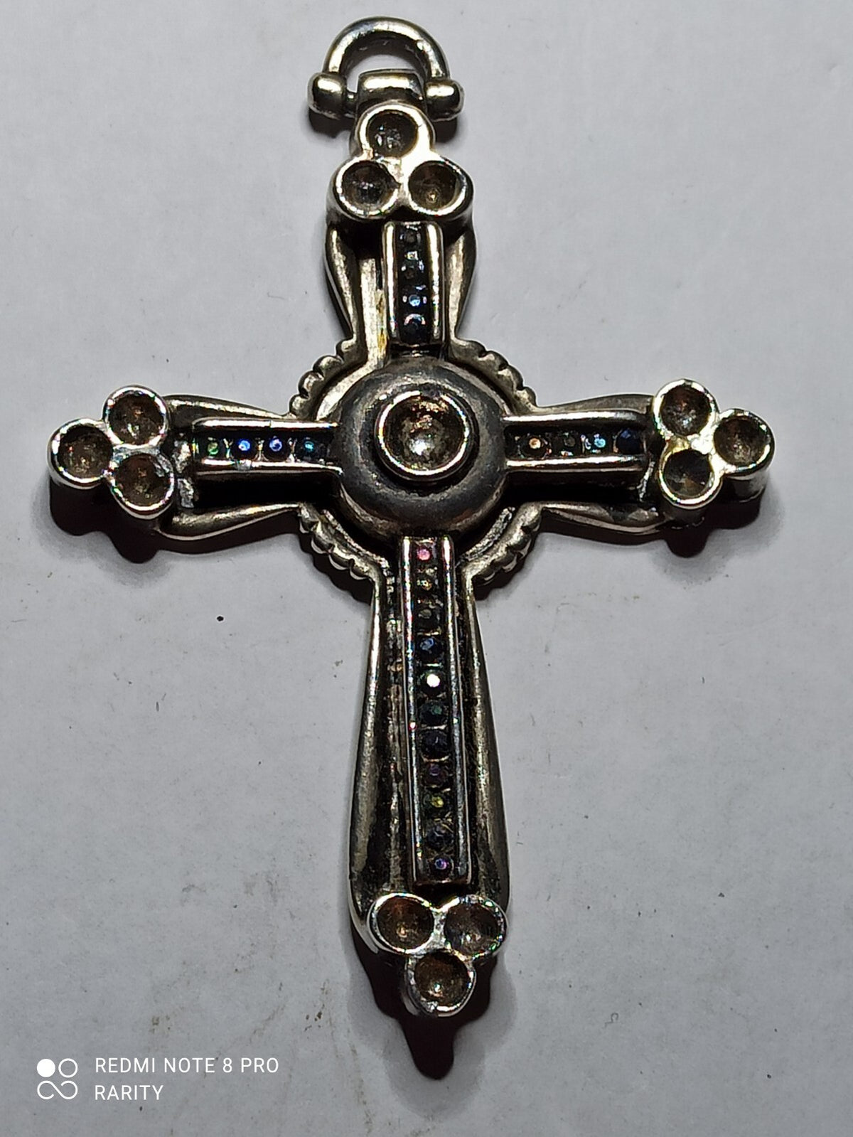 Vintage Fancy Cross Pendant, Ornate, Metallic Finish, Rhinestone Decor