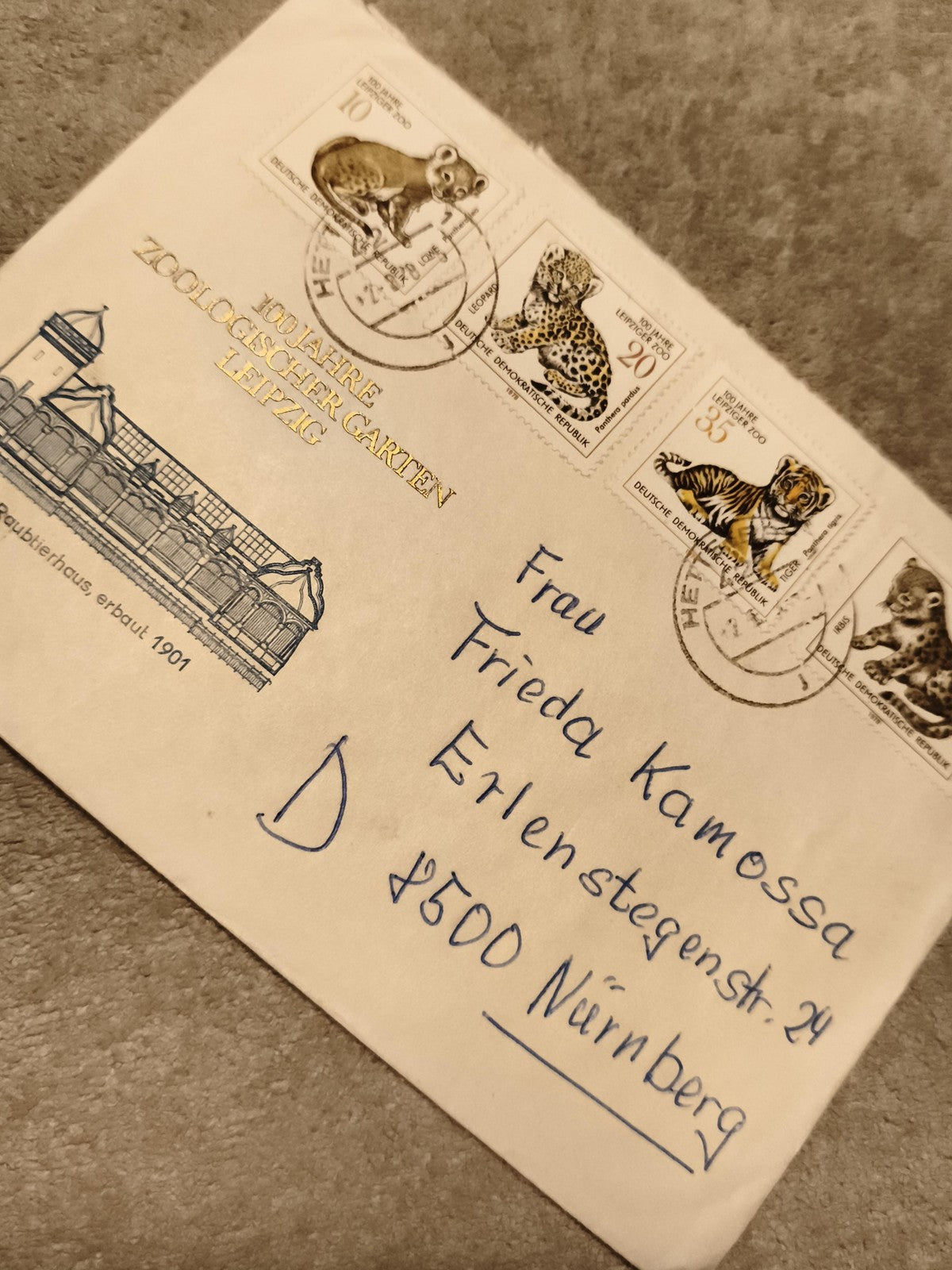 Lettre premier jour DDR Leipzig Zoo timbres animaux fauves enveloppe philatélie