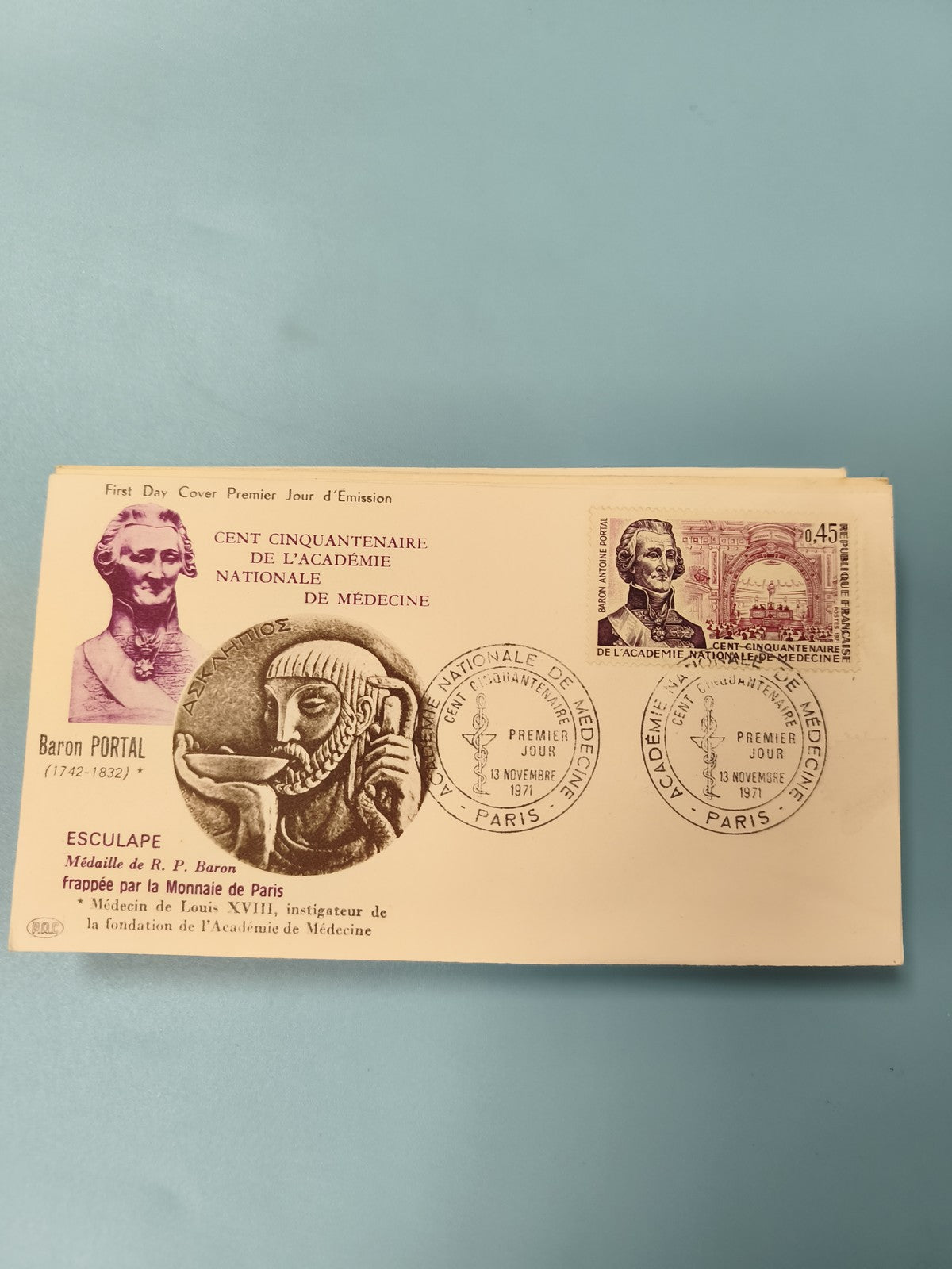 Ancienne enveloppe philatélie FDC 1971 Académie Médecine Baron Portal Paris