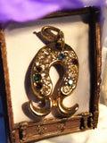 Pendentif vintage fer à cheval doré strass, bijou rétro porte-bonheur