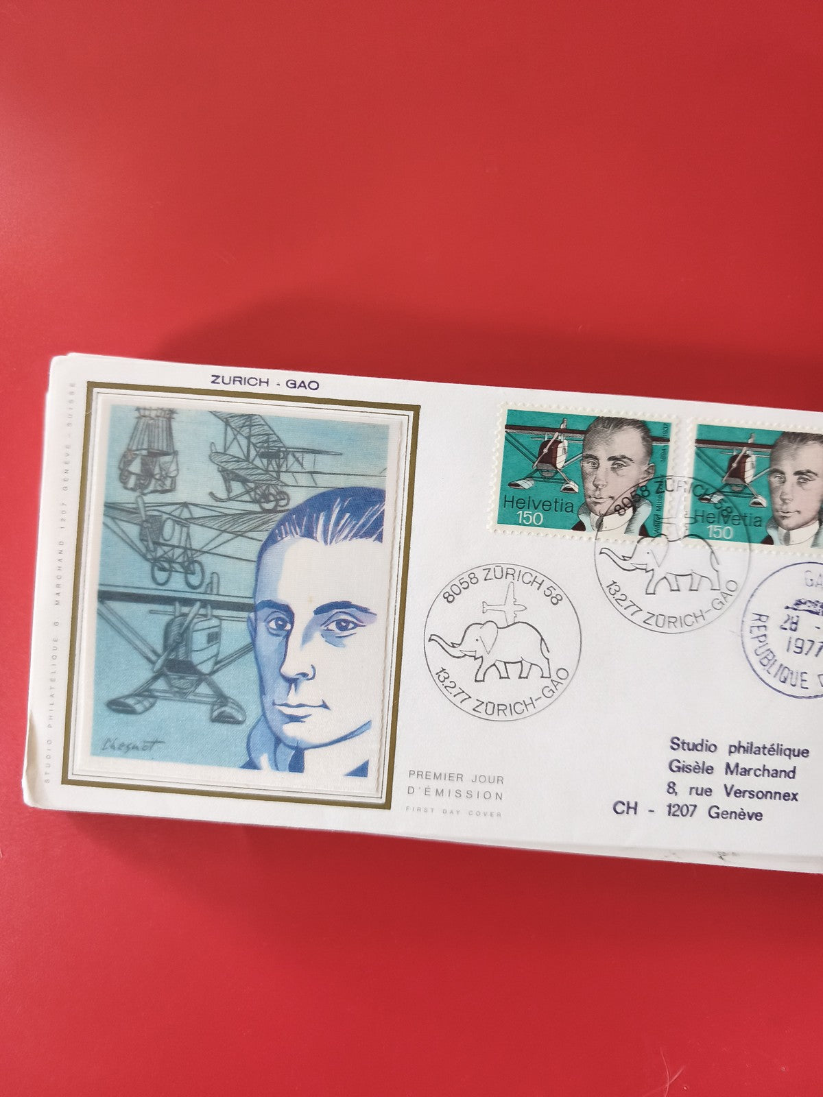 Enveloppe philatélie Zurich-Gao, timbres Helvetia avion, portrait bleu