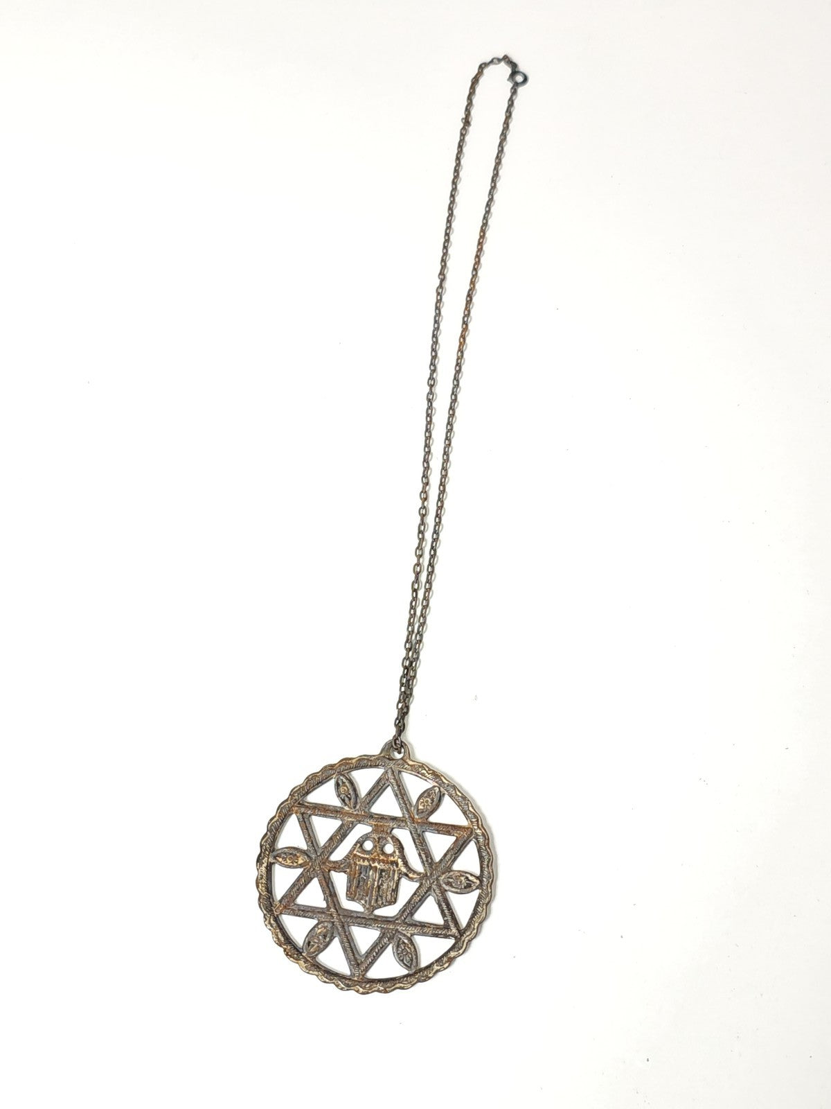 Vintage antique Fatima hand pendant necklace large size retro jewelry collect