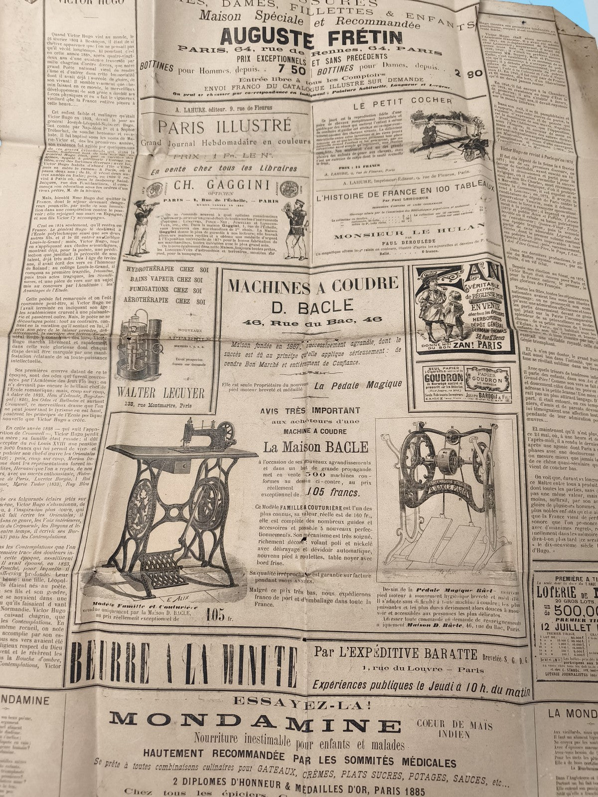 Ancien journal publicitaire français, annonces XIXe, machines à coudre, déco vin