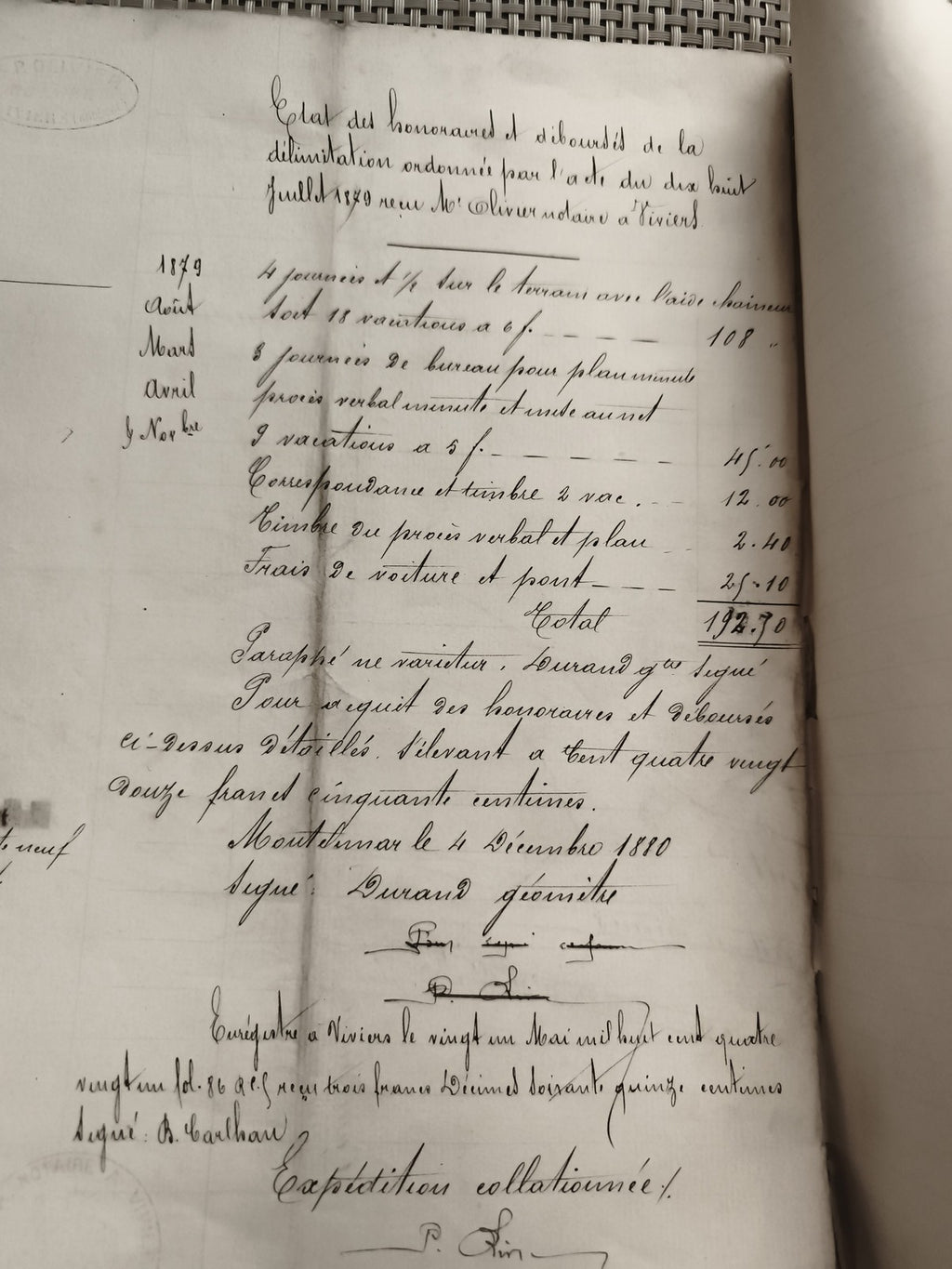 Document manuscrit ancien 1881 notaire Viviers Ardèche tampon encre