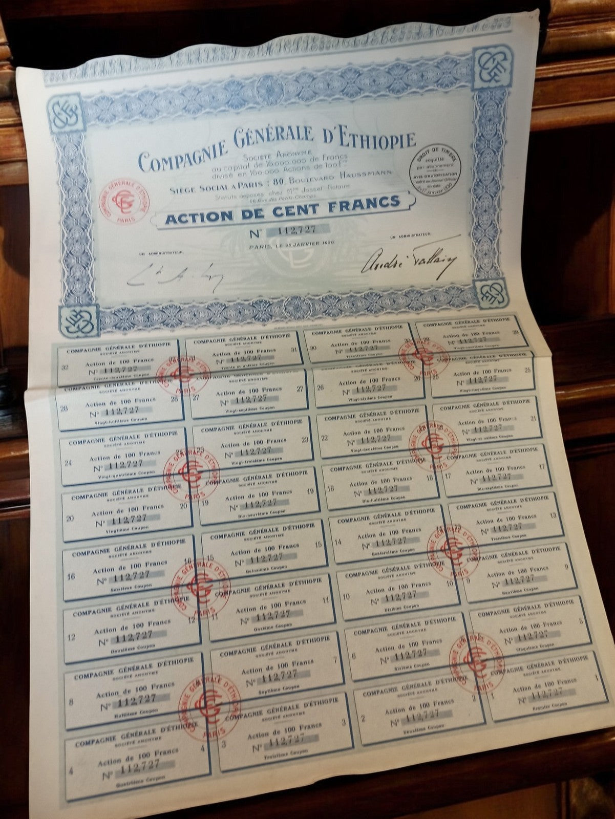 Action au porteur Compagnie Générale d?Éthiopie 1926 ancien titre vintage bleu
