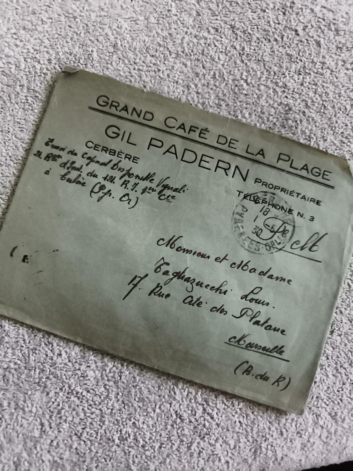 Lettre ancienne Grand Café de la Plage Cerbère Gil Padern philatélie cachet post