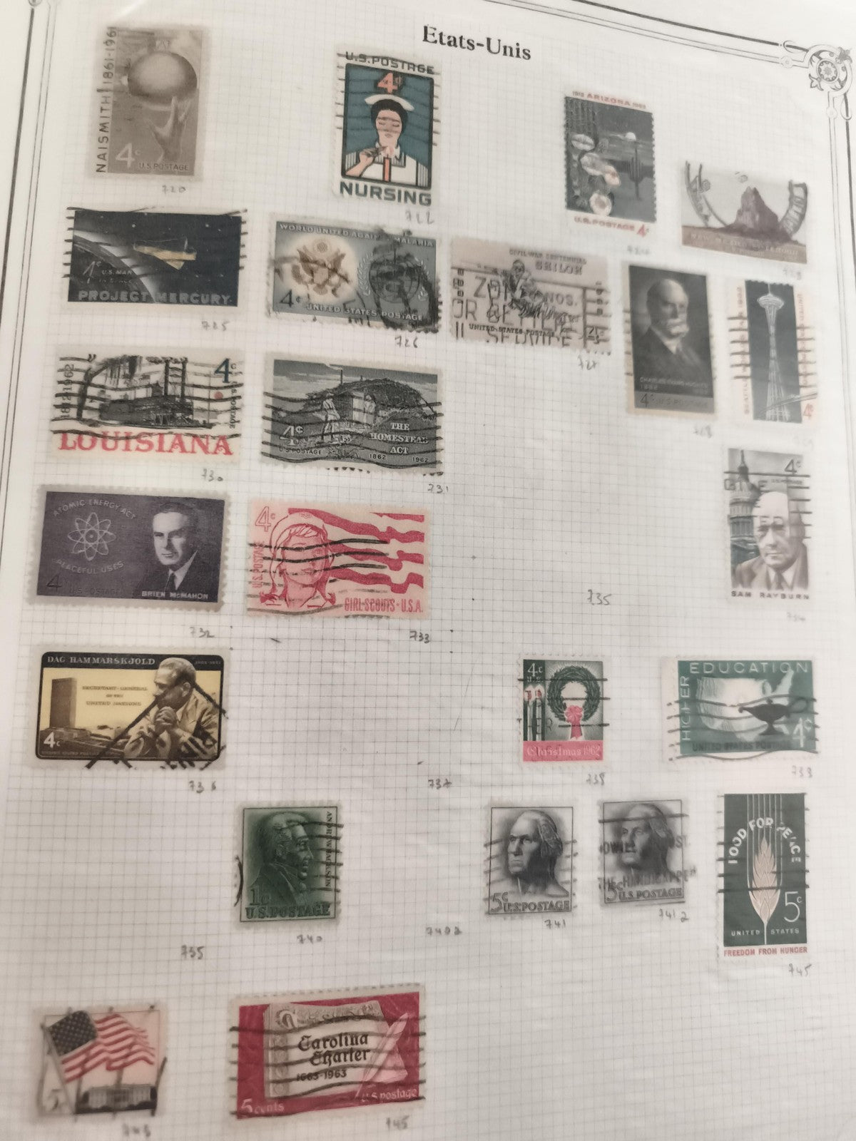 Lot anciens timbres USA oblitérés années 50-60 philatélie vintage États-Unis