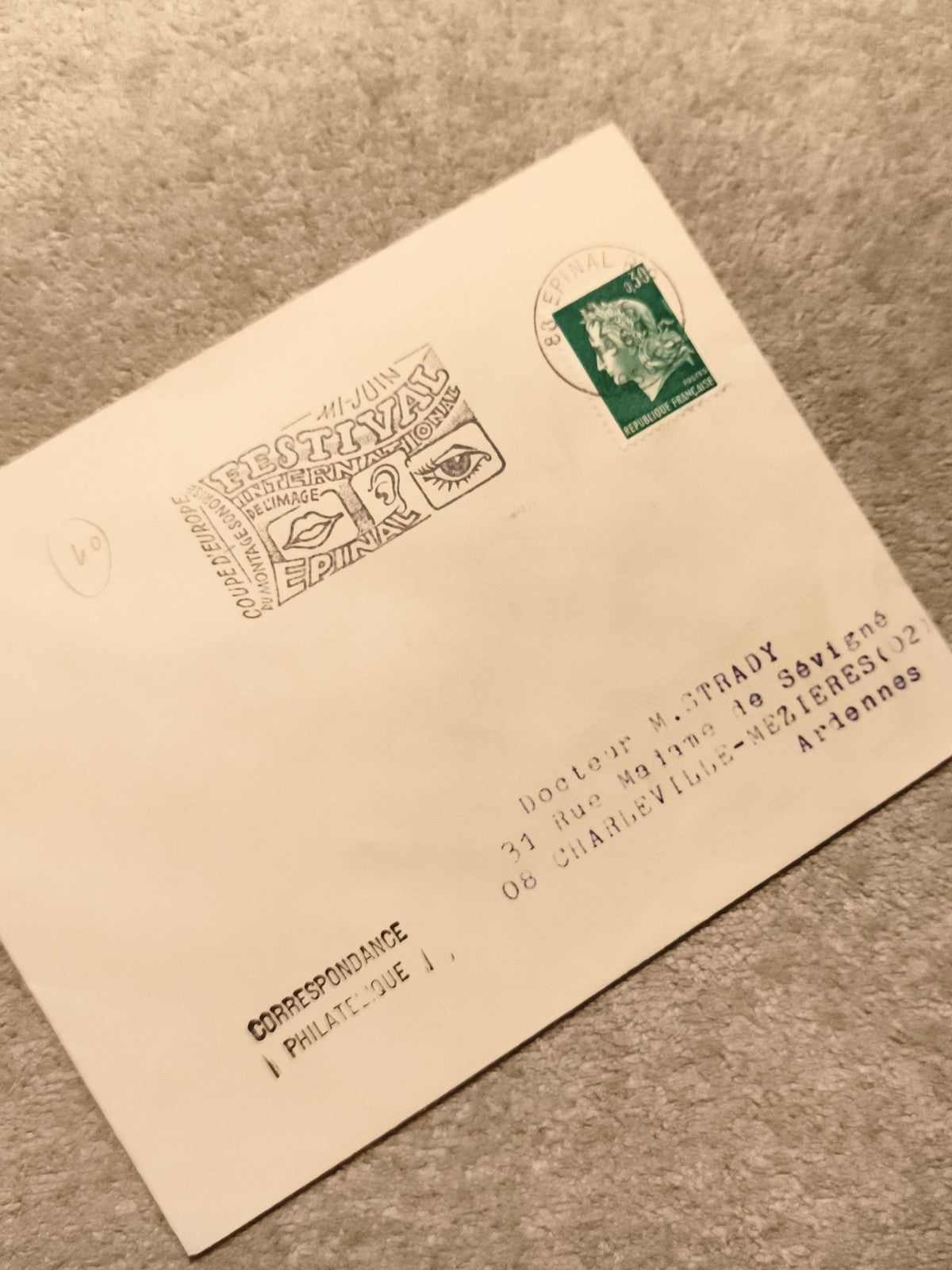 Lettre philatélique oblitérée Festival Epinal Marianne verte France (Ref 10)